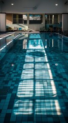 Fototapeta premium An unoccupied indoor pool basks in the quiet of the day, with rows of empty chairs and a reflection of windows casting a geometric pattern.