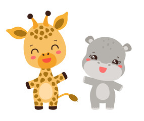 Kawaii giraffe and hippopotamus cute safari animals. Anime chibi cartoon african animal characters. Adorable hippo and giraffe calf smiling waving. Baby children vector illustration flat design.