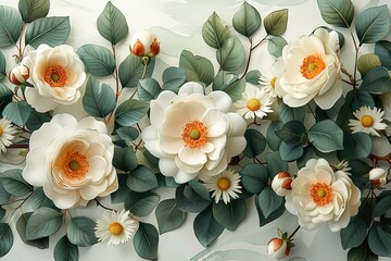 Watercolor floral illustration set - bouquet, frame, border. White flowers, rose, peony