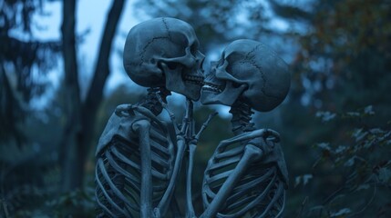 Two skeletal figures locked in a tender embrace, their bony hands intertwined as they lean in for a kiss