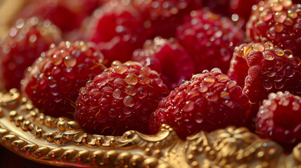 A close-up of raspberries with dewdrops.