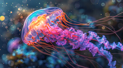 Transparent jellyfish in deep blue sea, World Oceans Day jellyfish close-up concept illustration