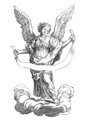 Vintage illustration of an Angel on a cloud holding big ribbon in hands. Angel bodyguard 