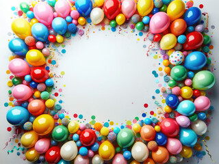 Festive background with colorful balloons and shiny confetti.