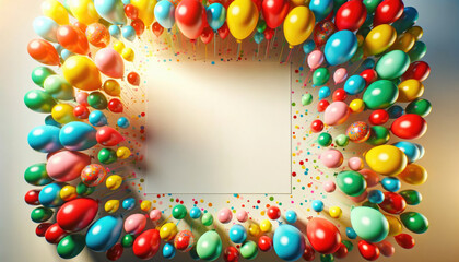 Festive background with colorful balloons and shiny confetti.