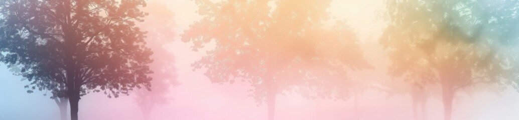 A soft pastel gradient background with trees and fog,.