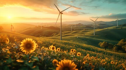 serene countryside bathed in the warm hues of Synthwave, with retro windmills, digital sunflowers, and rolling hills - obrazy, fototapety, plakaty