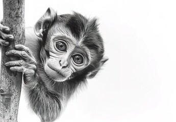 A glimpse into nature: A detailed black and white portrait that captures the intricate details of a monkey clinging to a tree