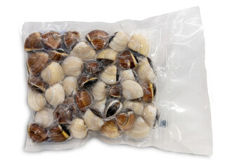 Frozen clams in vacuum-sealed package for sous vide cooking, isolated
