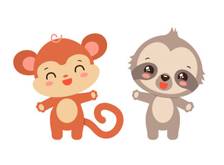 Kawaii sloth and monkey cute jungle animals. Anime chibi cartoon characters. Adorable south american animal smiling waving. Baby ape and sloth children vector illustration flat design.
