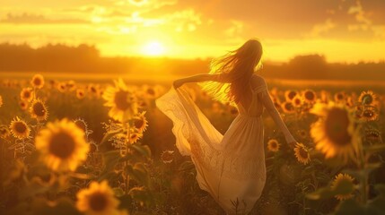 Beautiful woman enjoying herself in sunflower field