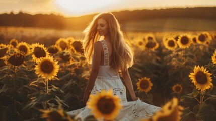 Beautiful woman enjoying herself in sunflower field