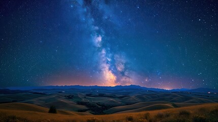 starry night sky over a quiet countryside, with rolling hills and a hint of the Milky Way