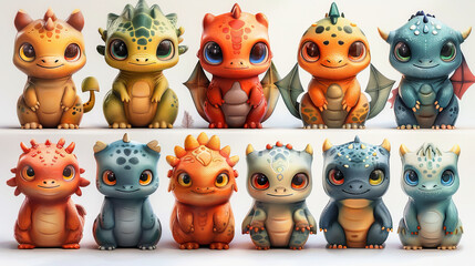 A sheet of game assets done in the style of detailed character illustrations. Cartoon characters for games.  