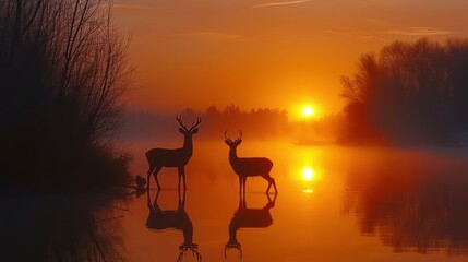 sunrise over a mist-covered lake, with the silhouette of wildlife in the foreground