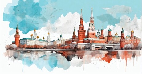 Kremlin and Moscow cityscape double exposure contemporary style minimalist artwork collage illustration. - obrazy, fototapety, plakaty
