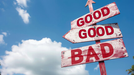 A street sign with two arrows pointing in different directions, one arrow is black, the other white, with the text "GOOD" above it and "BAD" below it in large letters. 