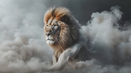 Majestic Lion Emerges from Smoky Atmosphere King of the African Wilderness