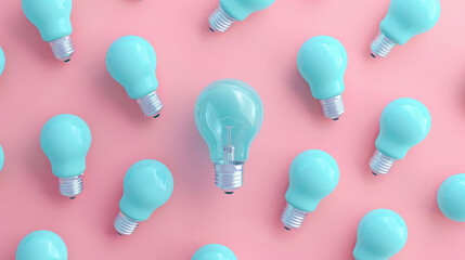 3D rendering of light bulb concept with light blue light bulbs on pastel background in top view, flat layer. Inspirational idea and creative thinking for business or innovative solutions in minimal st