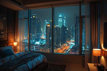 Modern Bedroom with Stunning Nighttime City View