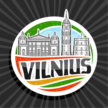 Vector logo for Vilnius, white decorative tag with outline illustration of european vilnius city scape on day sky background, art design refrigerator magnet with unique letters for black text vilnius