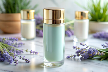 Luxurious skincare bottle with gold cap and pastel turquoise liquid on marble, surrounded by lavender