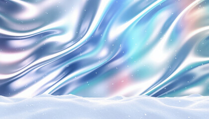Abstract fluid holographic texture with an iridescent spectrum colors, empty scene with snow