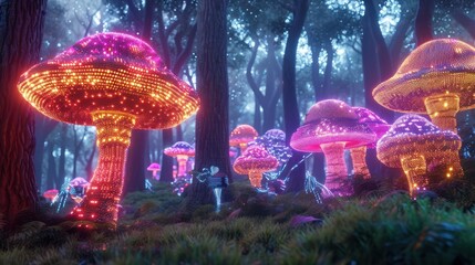 surreal Synthwave-inspired forest, where pixelated trees meet glowing mushrooms, and ethereal creatures roam - obrazy, fototapety, plakaty