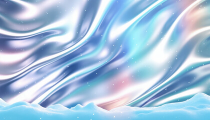 Abstract fluid holographic texture with an iridescent spectrum colors, empty scene with snow