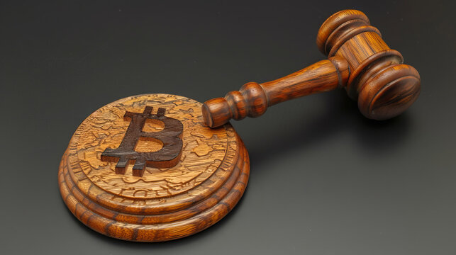Judicial gavel with bitcoin symbol on it, high resolution photo on wooden background. 