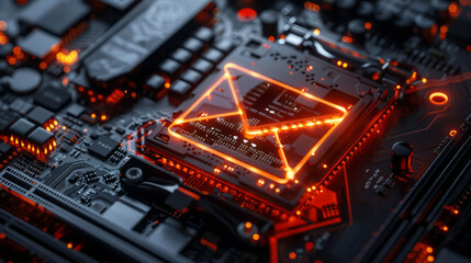 Obraz premium Spam. A glowing red envelope in the digital space. 