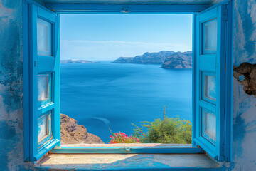 Offenes Fenster oder Tür mit Meerblick, Santorin, Greece