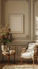 Mockup poster frame in an elegant guest room with classic furniture and muted hues, 3d render, hyperrealistic