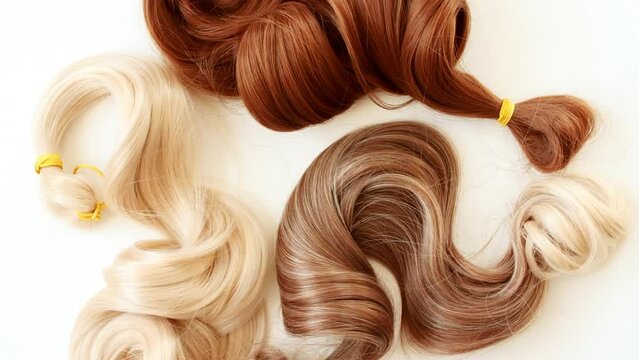 Blond, brown shiny wavy hair on white background. Shiny woman hair strand, curl. Hair care and beauty salon. Natural cosmetic products. Hair color palette. High quality 4k footage