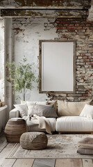 Mockup poster frame in an industrial farmhouse living room with a blend of rustic and urban elements, 3d render, hyperrealistic