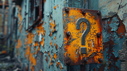 Rusty question mark sign on old wall.