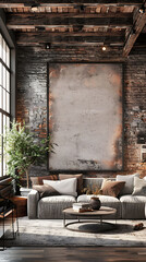 Fototapeta na wymiar Mockup poster frame in an industrial farmhouse living room with a blend of rustic and urban elements, 3d render, hyperrealistic