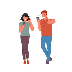 Young man and woman looking in the smartphone  shows a positive gesture. Flat style cartoon vector illustration.