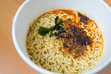Closeup Japanese instant cup noodles