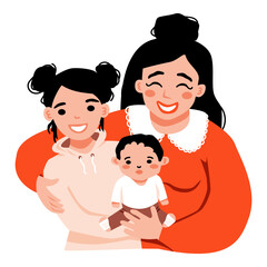 Mother with daughter and son. Happy mom and  kids hugging together. Family, motherhood. Vector illustration. 