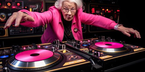 Obraz na płótnie Canvas Elderly female DJ skillfully mixing music while standing.