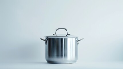 Photograph of a stainless steel pot leaning forward on a white backdrop
