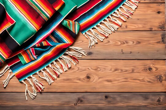  Cinco de mayo fiesta party and indigenous cultures of Mexico concept theme with a Mexican rug called a serape isolated on wood background with copy space 