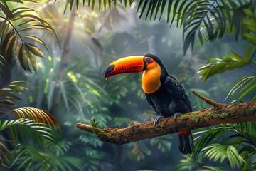 Toucan sitting on a branch in a tropical forest with palm trees - Powered by Adobe