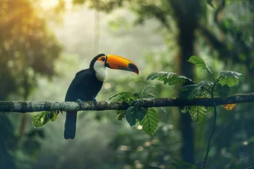 Poster Toucan bird sitting on a branch in the rainforest. Beautiful exotic bird in the jungle. © Oleh