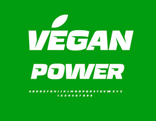 Vector healthy concept Vegan Power with set of Alphabet Letters and Numbers. White modern Font.