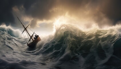 Ship navigating stormy sea with massive waves. - obrazy, fototapety, plakaty