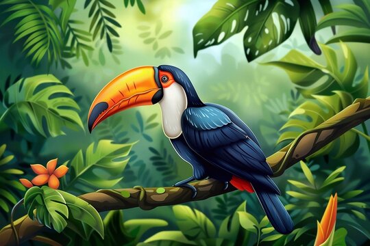 Toucan bird on the branch in the jungle background illustration.