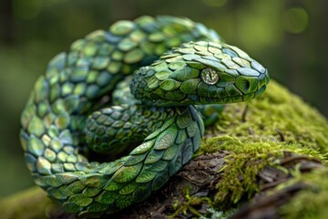 Fototapeta premium Sculptured Metallic Green Snake Artwork on Moss-Covered Stone in Lush Garden