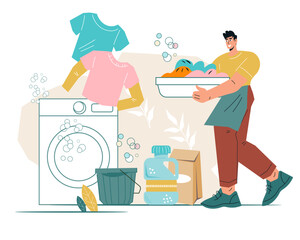 Man manages the laundry, housekeeping and housework to keep the dwelling clean and tidy. House cleaning and household chores concept, flat cartoon vector illustration isolated on background.